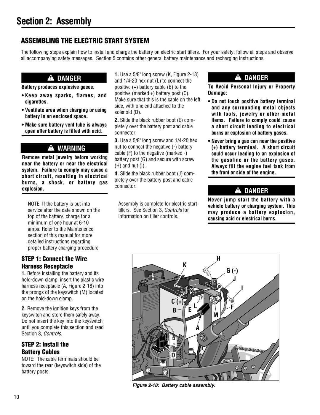 Troy-Bilt 682J-Horse Assembling The Electric Start System, Danger, Install the Battery Cables, H K G J I C + B E Lf M A D 
