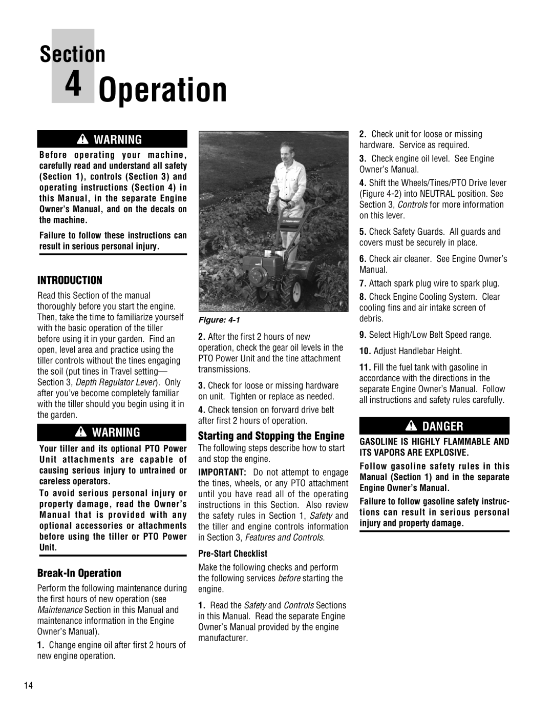 Troy-Bilt 682J-Horse Introduction, Break-In Operation, Starting and Stopping the Engine, Pre-Start Checklist, Section 