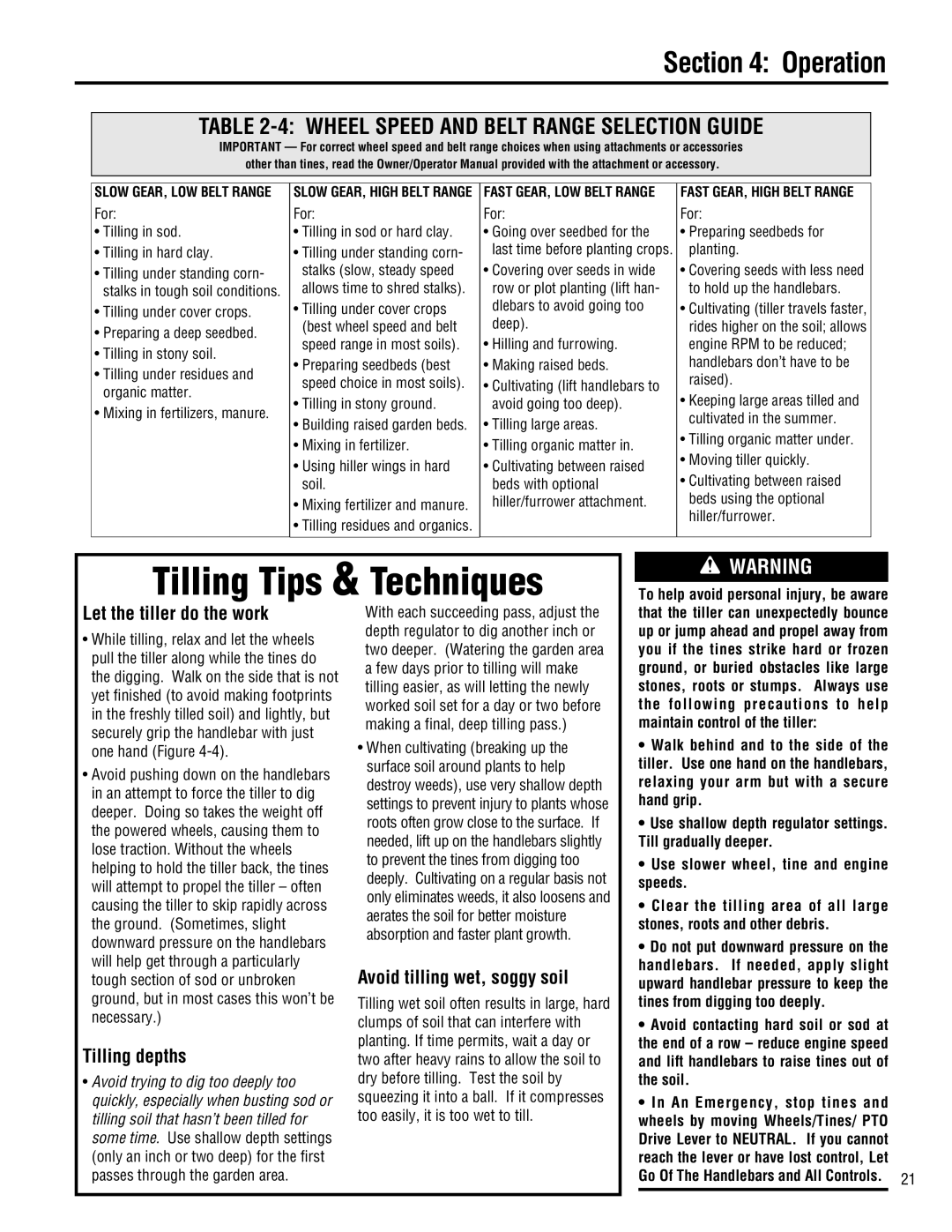 Troy-Bilt E682J-Horse Tilling Tips & Techniques, 4 WHEEL SPEED AND BELT RANGE SELECTION GUIDE, Let the tiller do the work 
