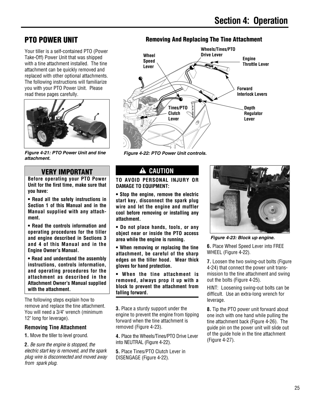 Troy-Bilt E682J-Horse Pto Power Unit, Very Important, Removing And Replacing The Tine Attachment, Removing Tine Attachment 