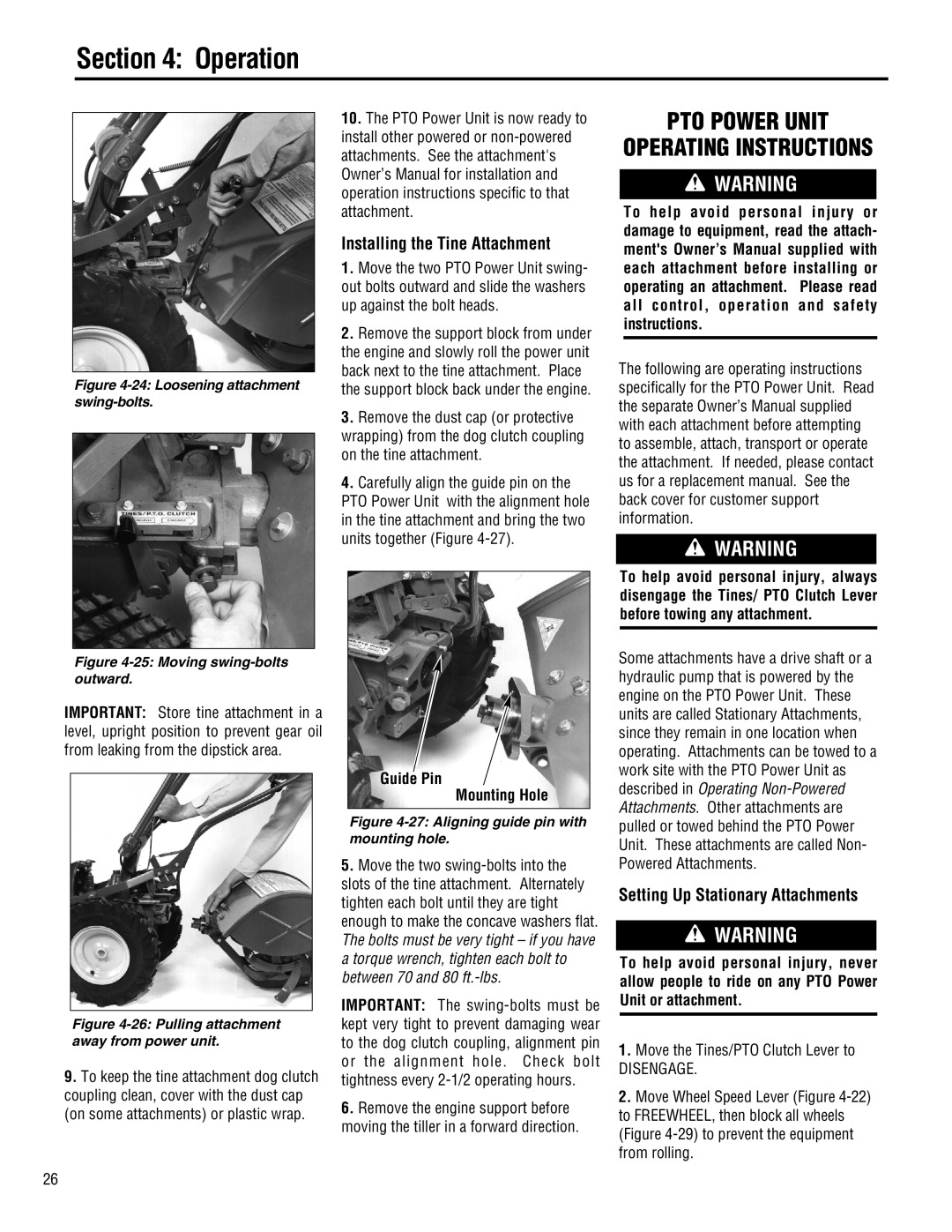 Troy-Bilt 682J-Horse manual Pto Power Unit Operating Instructions, Installing the Tine Attachment, Guide Pin Mounting Hole 