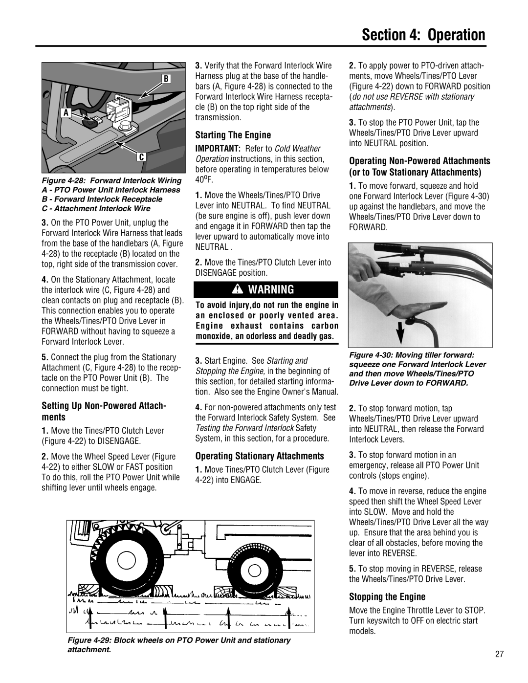 Troy-Bilt E682J-Horse manual Setting Up Non-Powered Attach- ments, Starting The Engine, Operating Stationary Attachments 