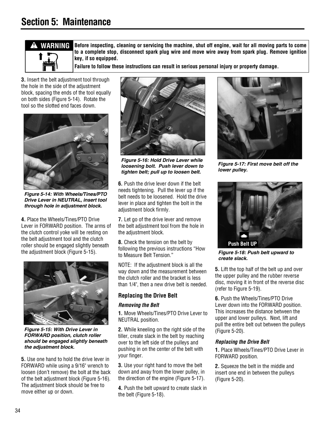 Troy-Bilt E682J-Horse manual Replacing the Drive Belt, Removing the Belt, Maintenance, Push Belt UP 