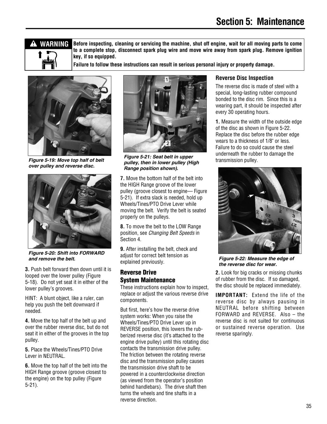 Troy-Bilt E682J-Horse manual Reverse Drive System Maintenance, Reverse Disc Inspection 