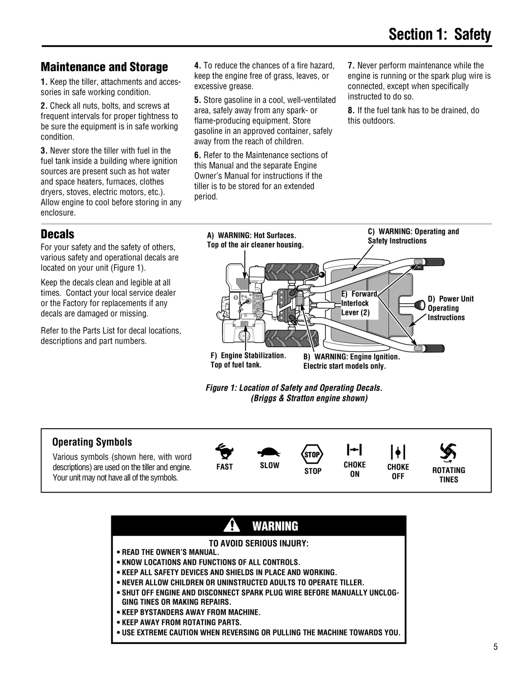 Troy-Bilt E682J-Horse manual Maintenance and Storage, Decals, Operating Symbols, To Avoid Serious Injury, Safety 