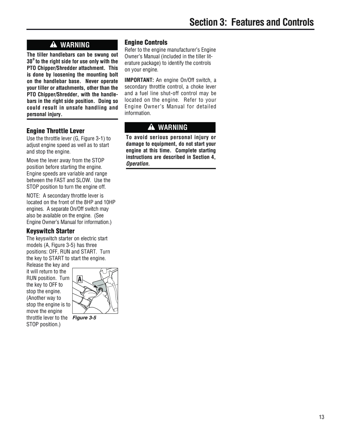 Troy-Bilt E682LHorseTM, 682JHorseTM, E686NHorseTM manual Engine Controls Engine Throttle Lever, Keyswitch Starter 