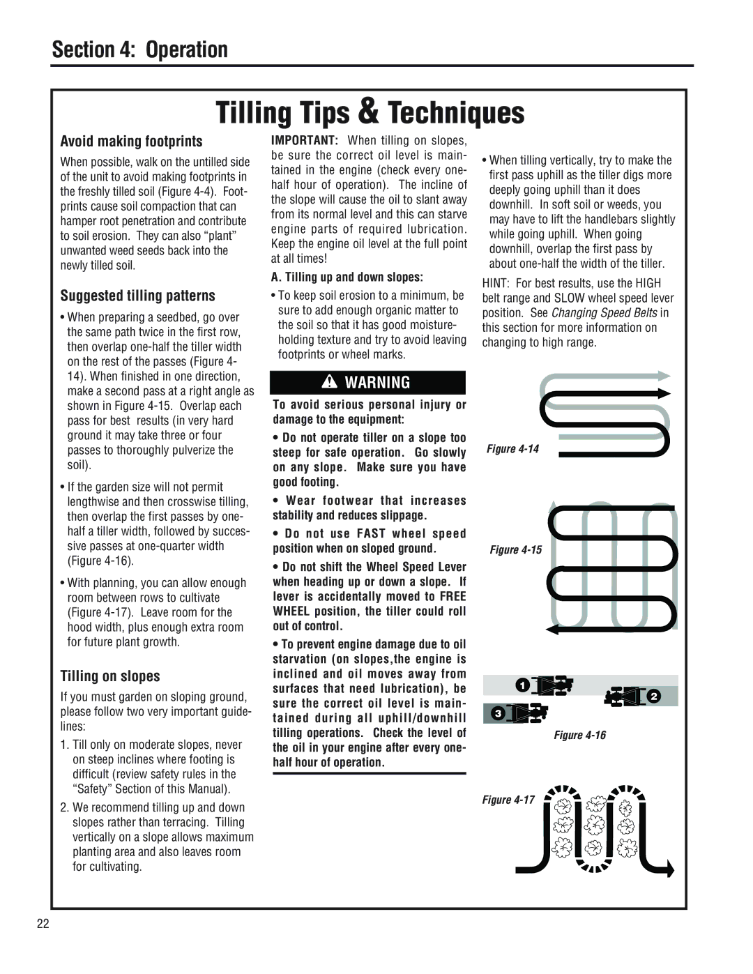 Troy-Bilt E682LHorseTM Avoid making footprints, Suggested tilling patterns, Tilling on slopes, Tilling up and down slopes 