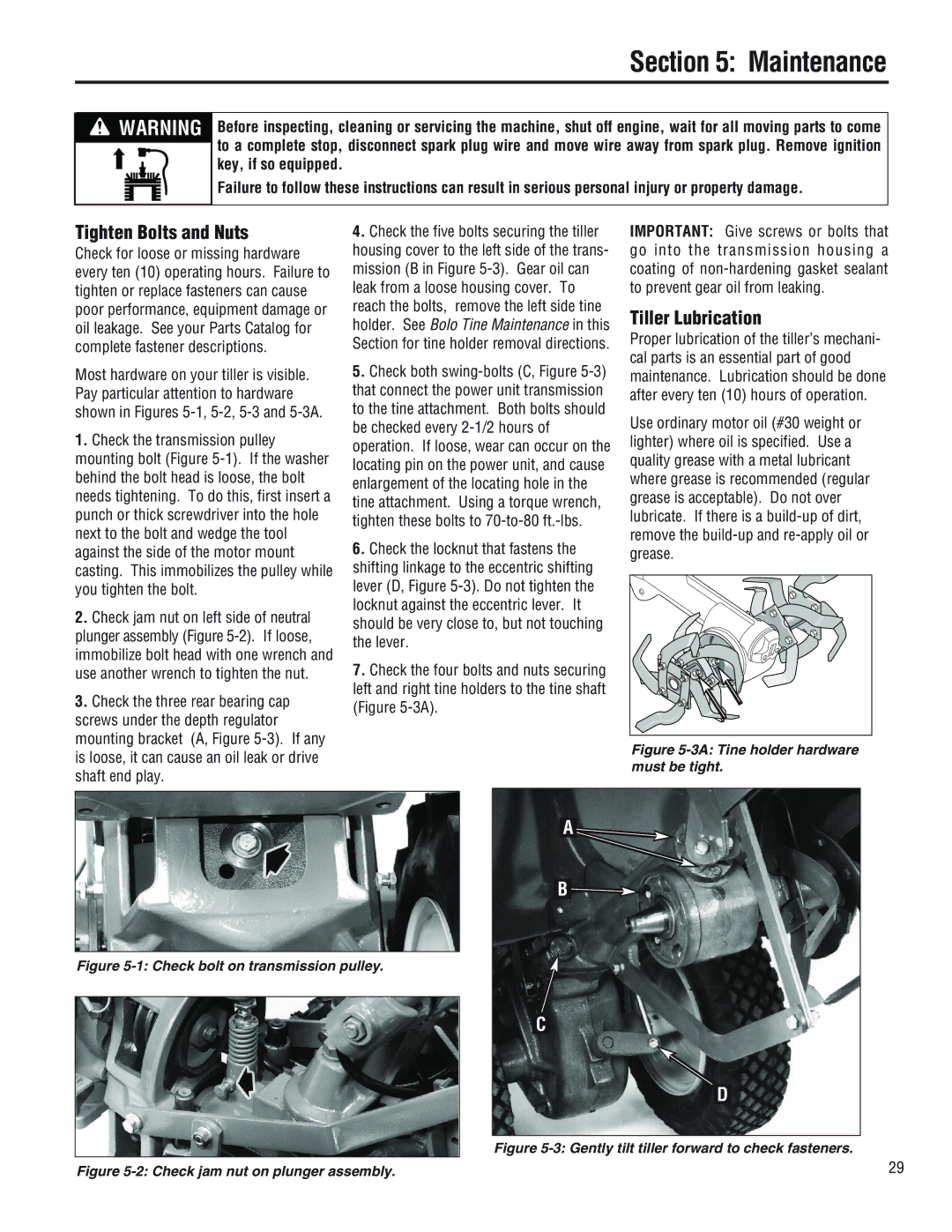 Troy-Bilt E686NHorseTM, 682JHorseTM, E682LHorseTM manual Maintenance, Tighten Bolts and Nuts, Tiller Lubrication 