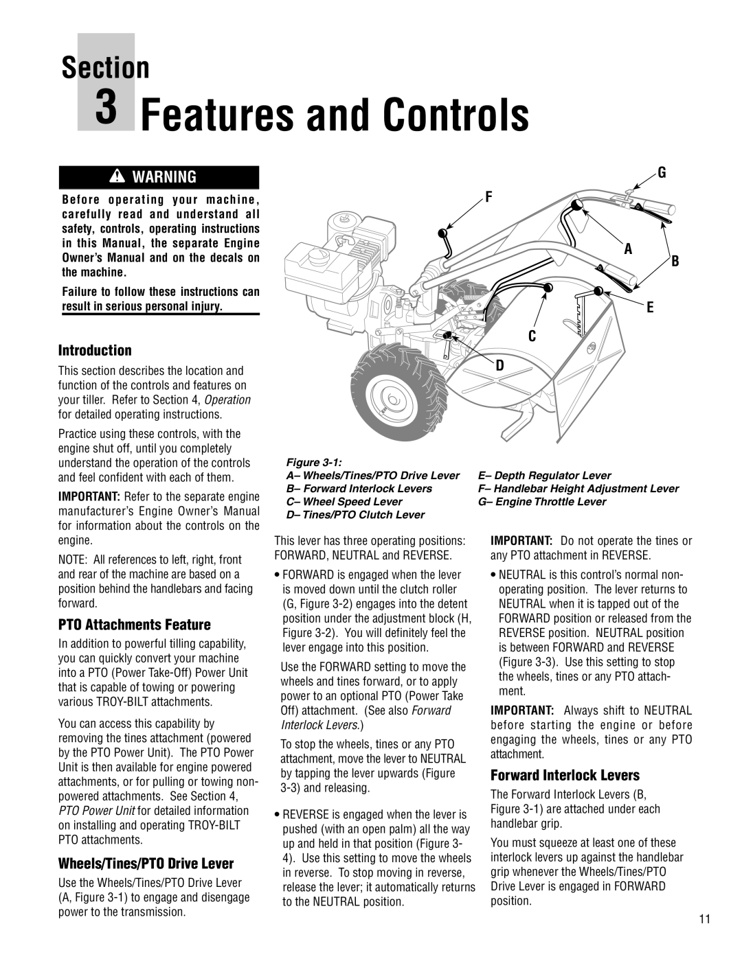 Troy-Bilt E683F-Horse, 683-Horse PTO Attachments Feature, Wheels/Tines/PTO Drive Lever, Forward Interlock Levers, Engine 