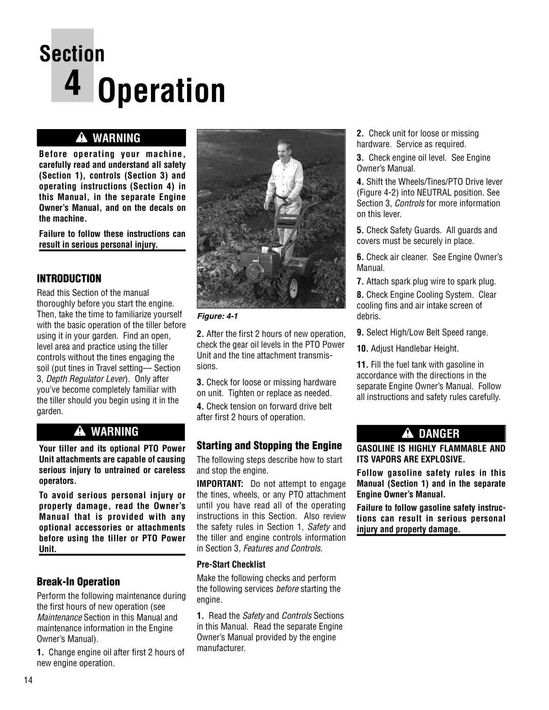 Troy-Bilt E683F-Horse, 683-Horse, E683G-Big Red Break-In Operation, Starting and Stopping the Engine, Pre-Start Checklist 