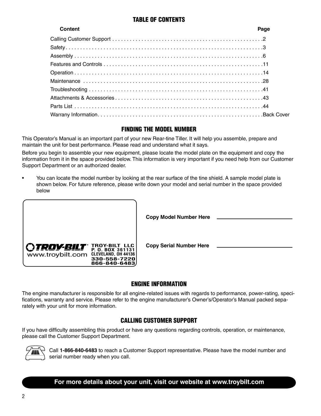 Troy-Bilt E683F-Horse, 683-Horse, E683G-Big Red manual Table of Contents 