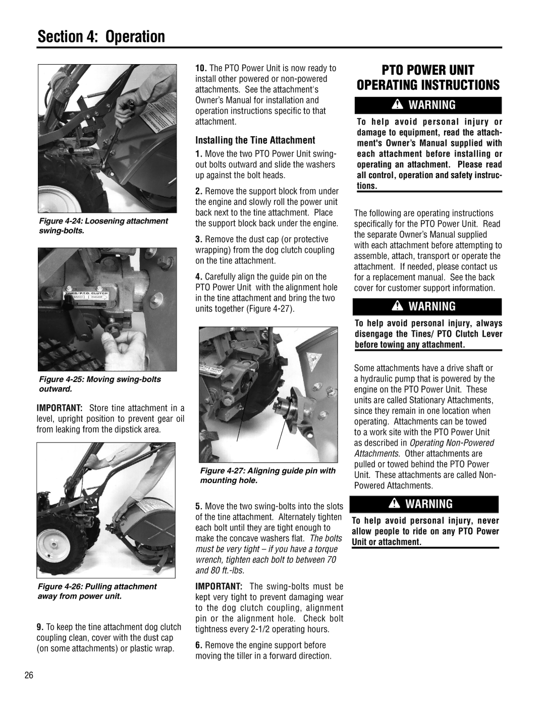 Troy-Bilt E683F-Horse, 683-Horse, E683G-Big Red manual PTO Power Unit Operating Instructions, Installing the Tine Attachment 