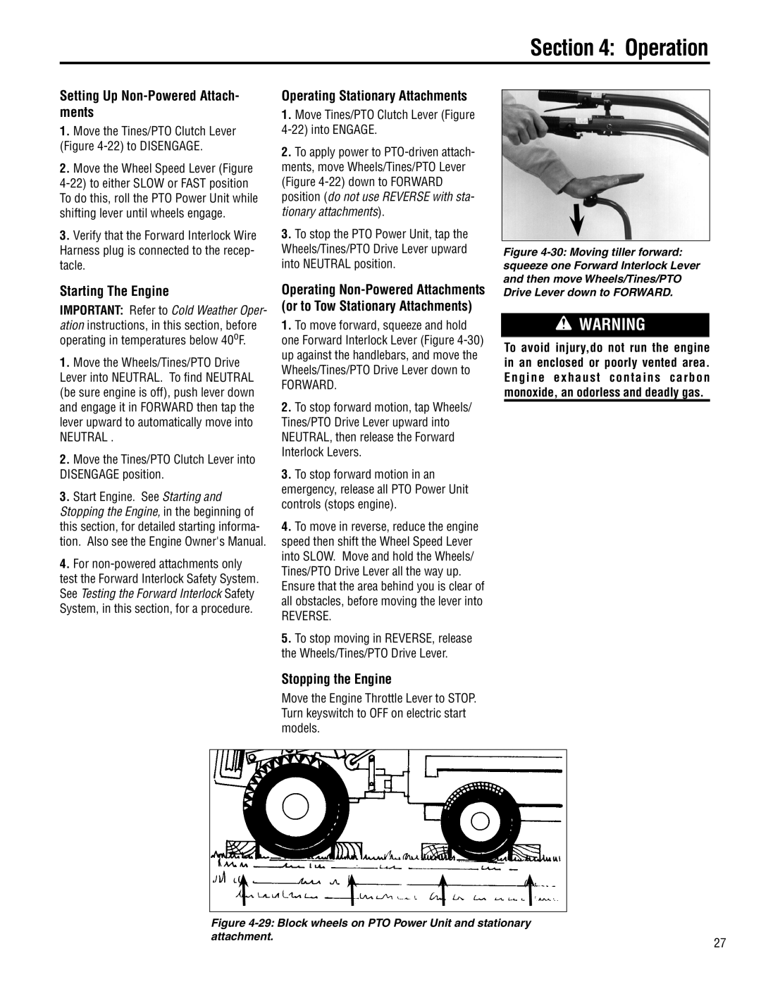 Troy-Bilt 683-Horse manual Setting Up Non-Powered Attach- ments, Operating Stationary Attachments, Stopping the Engine 