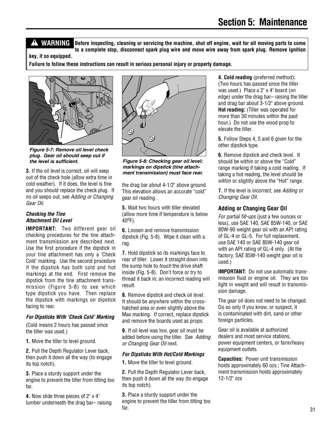 Troy-Bilt E683G-Big Red, 683-Horse, E683F-Horse manual Adding or Changing Gear Oil, Checking the Tine, Important Two 