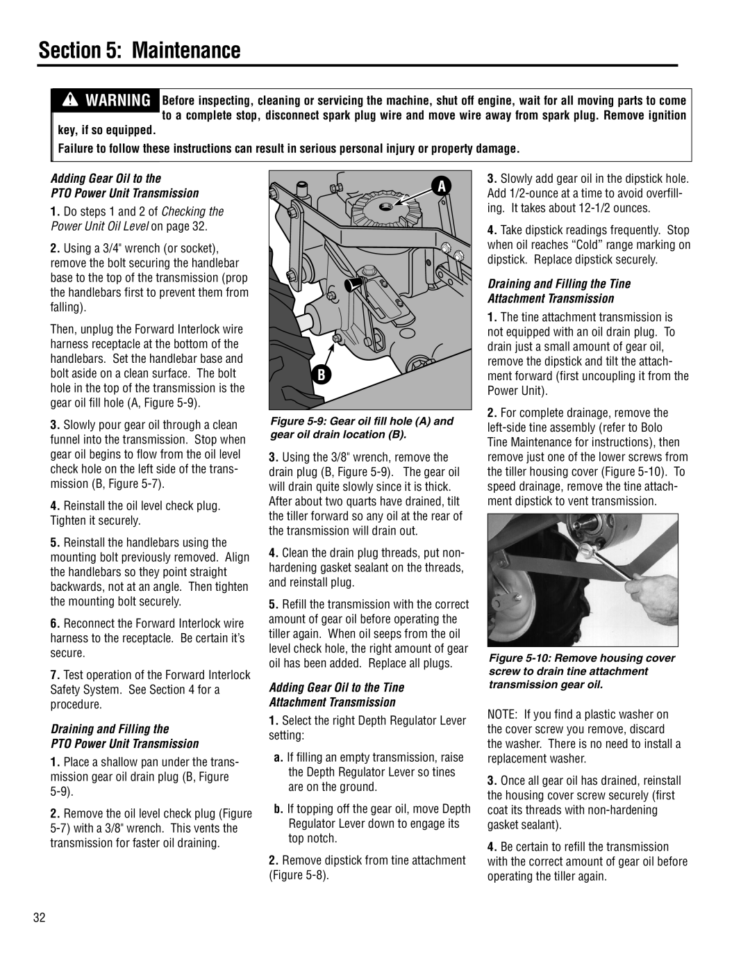 Troy-Bilt E683F-Horse Adding Gear Oil to PTO Power Unit Transmission, Draining and Filling PTO Power Unit Transmission 