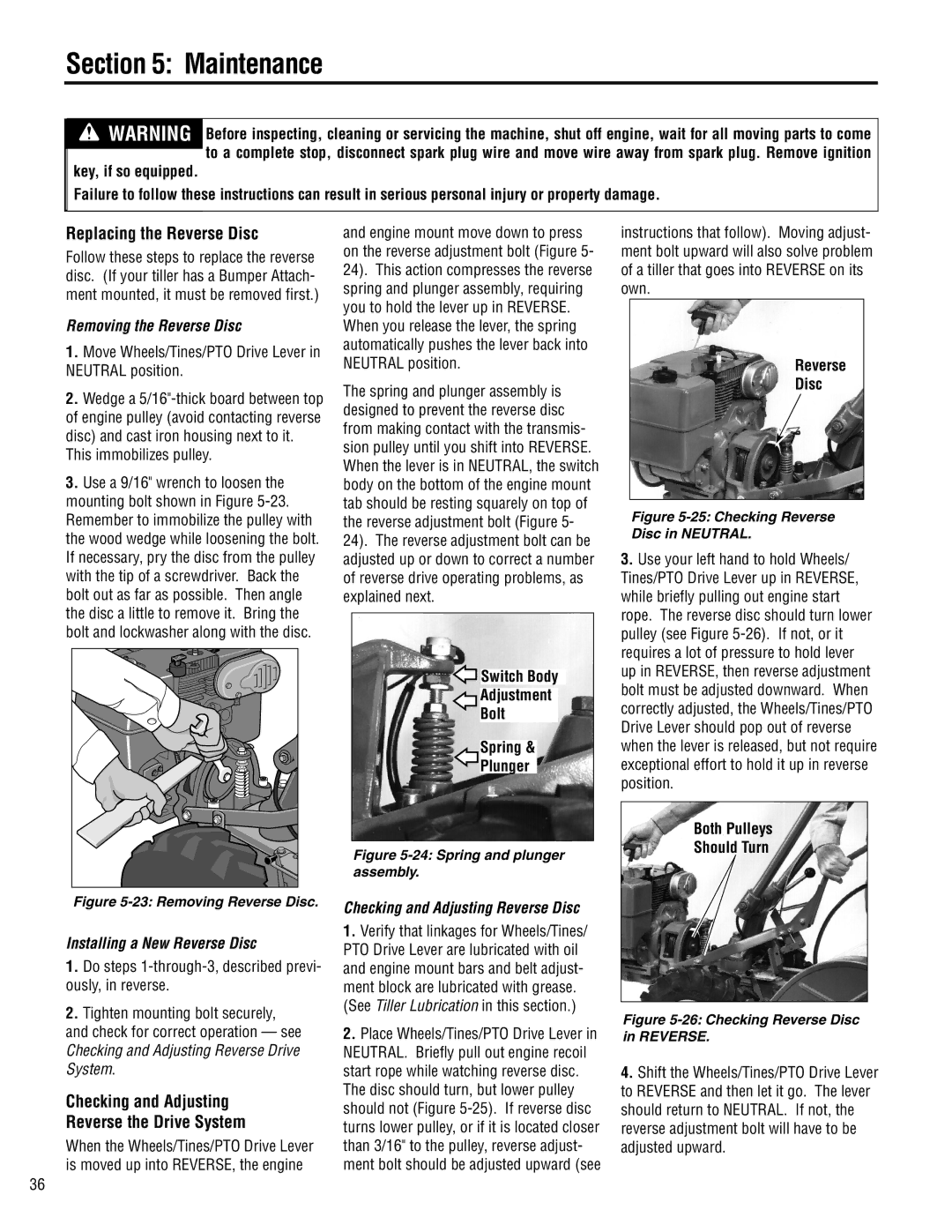 Troy-Bilt 683-Horse Replacing the Reverse Disc, Checking and Adjusting Reverse the Drive System, Removing the Reverse Disc 