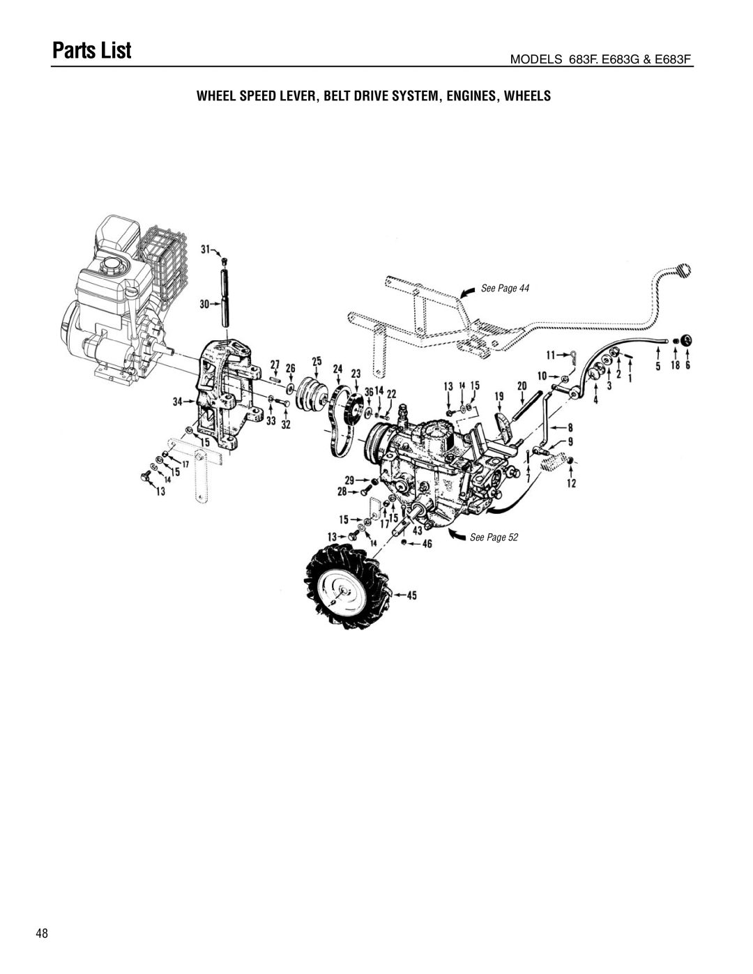 Troy-Bilt 683-Horse, E683G-Big Red, E683F-Horse manual Wheel Speed LEVER, Belt Drive SYSTEM, ENGINES, Wheels 