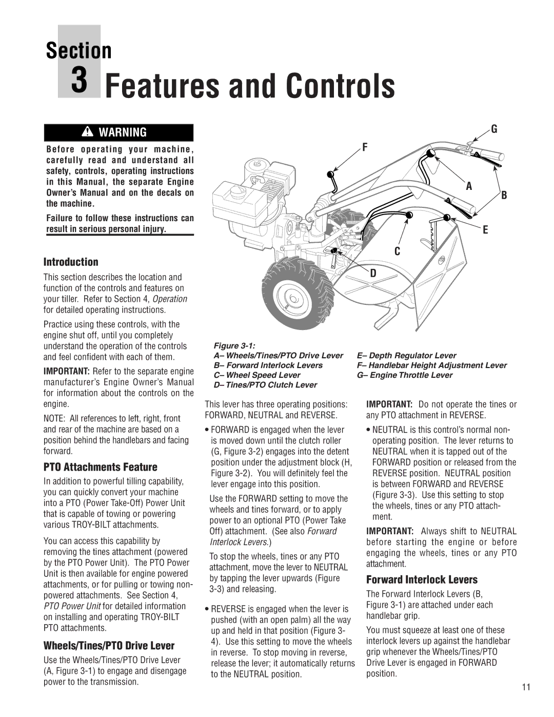 Troy-Bilt E683G, E683F manual PTO Attachments Feature, Wheels/Tines/PTO Drive Lever, Forward Interlock Levers, Engine 