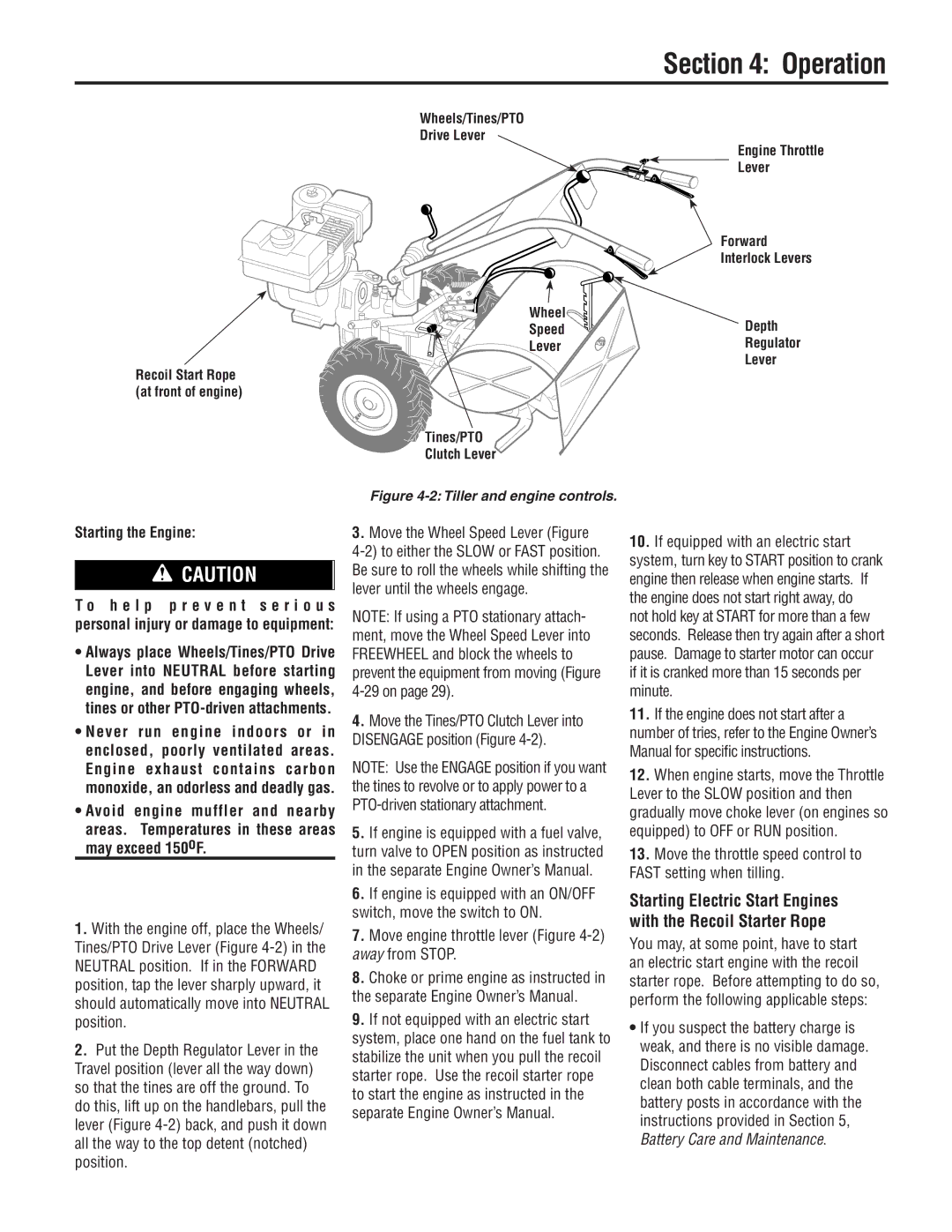 Troy-Bilt E683F, E683G manual Operation, Starting the Engine, Move engine throttle lever -2 away from Stop 