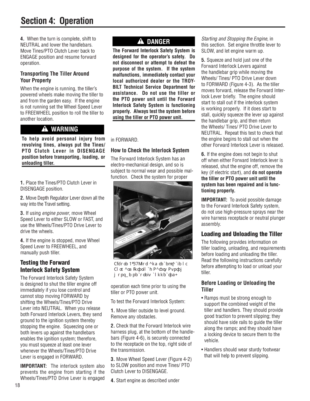 Troy-Bilt E683F, E683G manual Testing the Forward Interlock Safety System, Loading and Unloading the Tiller 