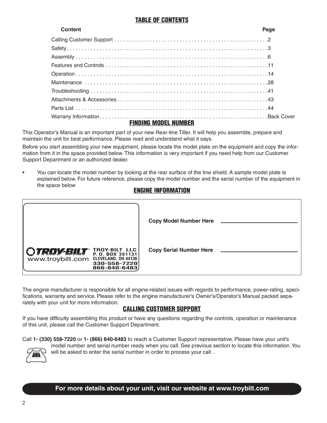 Troy-Bilt E683G, E683F manual Table of Contents 