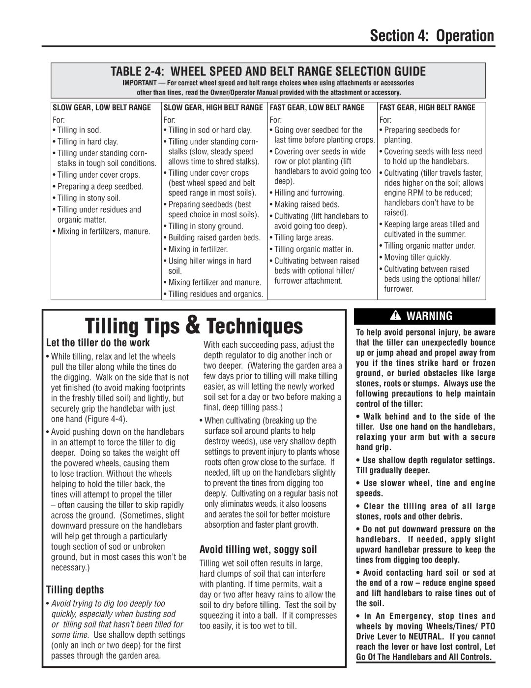 Troy-Bilt E683F, E683G manual Let the tiller do the work, Tilling depths, Avoid tilling wet, soggy soil 