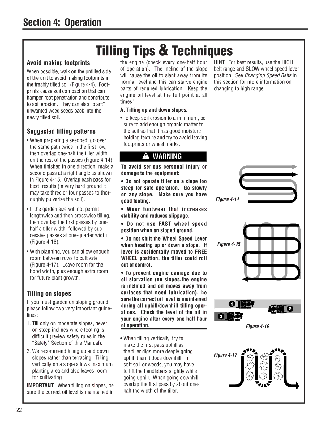 Troy-Bilt E683F, E683G Avoid making footprints, Suggested tilling patterns, Tilling on slopes, Tilling up and down slopes 