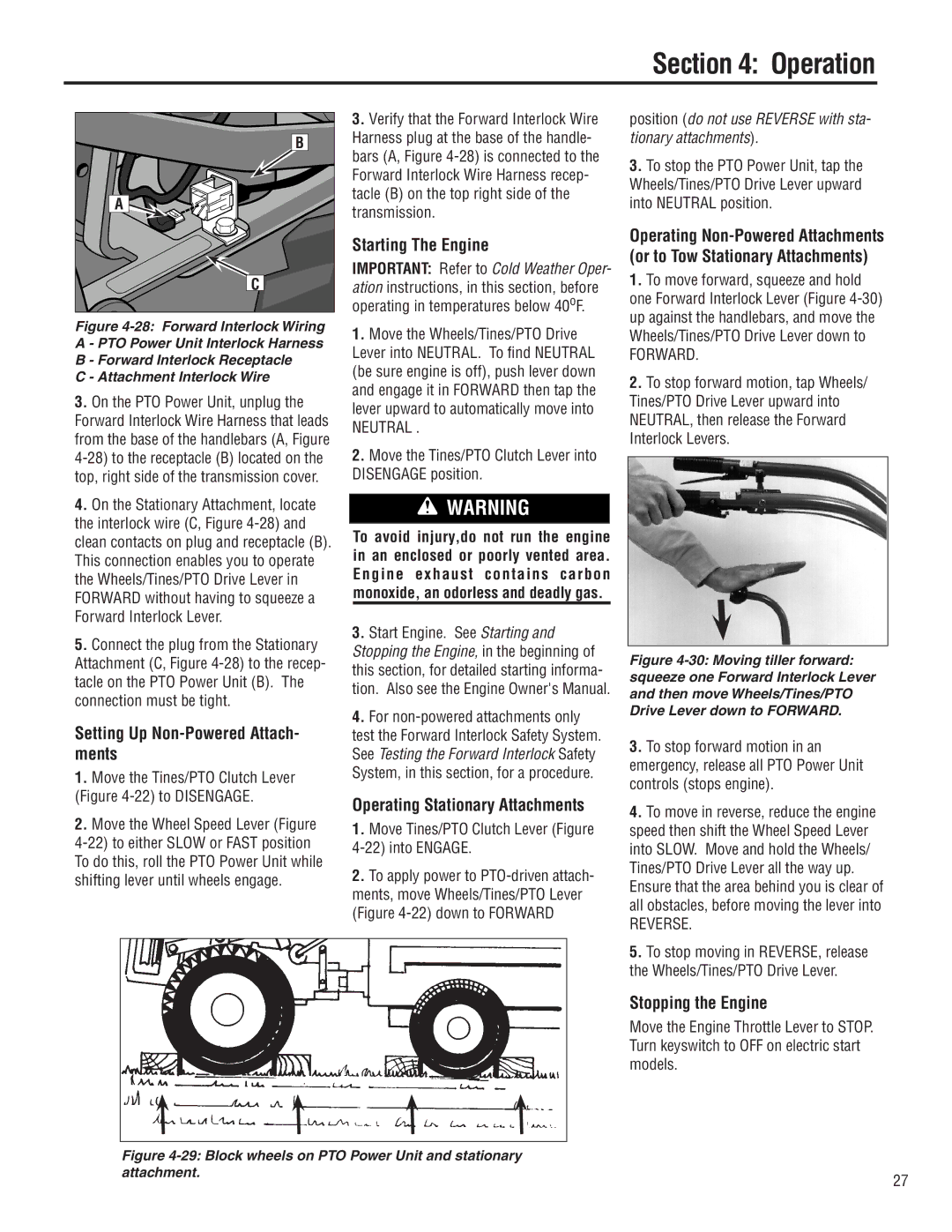 Troy-Bilt E683F, E683G manual Setting Up Non-Powered Attach- ments, Starting The Engine, Operating Stationary Attachments 