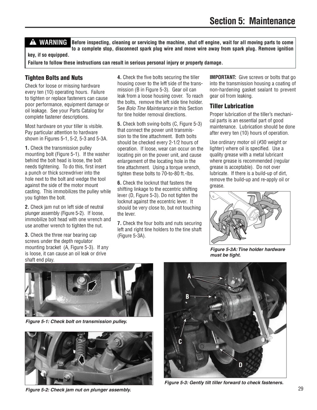 Troy-Bilt E683G, E683F manual Maintenance, Tighten Bolts and Nuts, Tiller Lubrication 