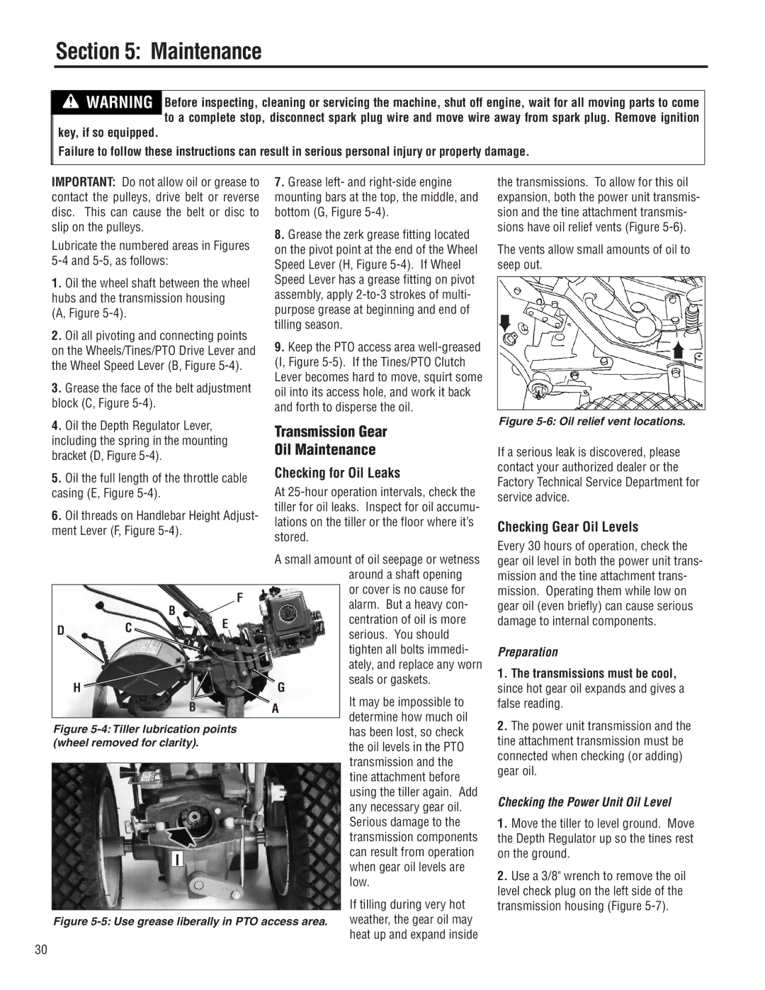 Troy-Bilt E683F, E683G Transmission Gear Oil Maintenance, Checking for Oil Leaks, Checking Gear Oil Levels, Preparation 