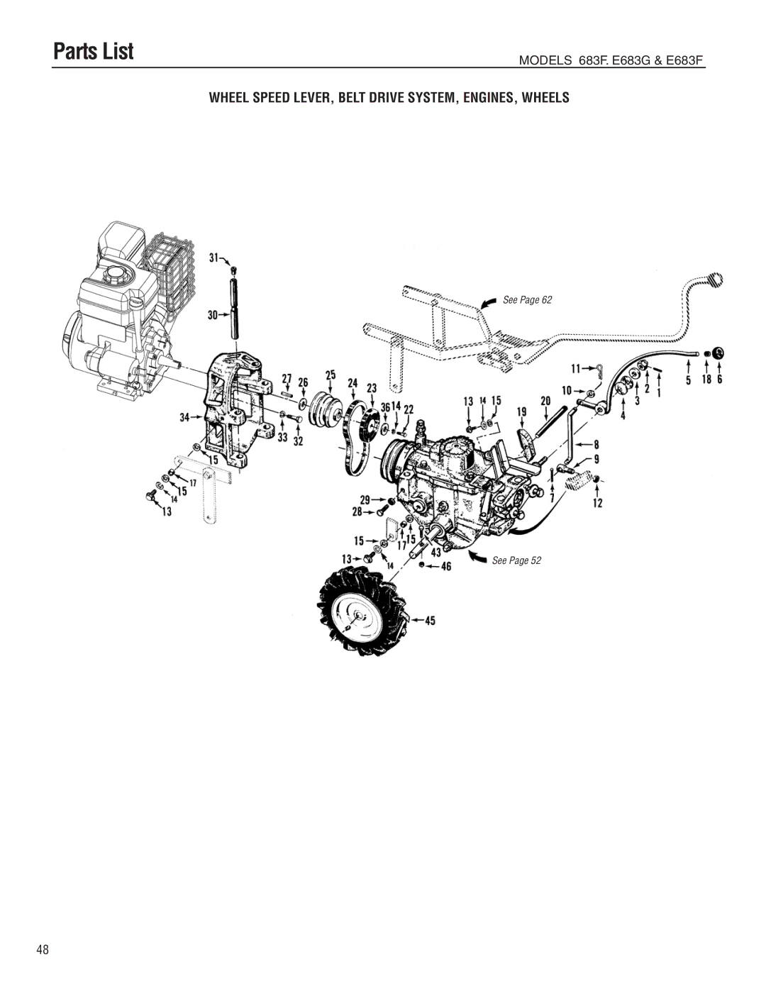 Troy-Bilt E683F, E683G manual Wheel Speed LEVER, Belt Drive SYSTEM, ENGINES, Wheels 