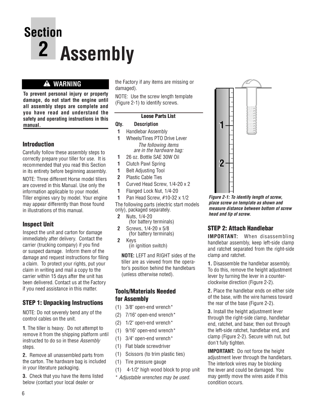 Troy-Bilt 683F Introduction, Inspect Unit, Attach Handlebar, Unpacking Instructions, Tools/Materials Needed for Assembly 