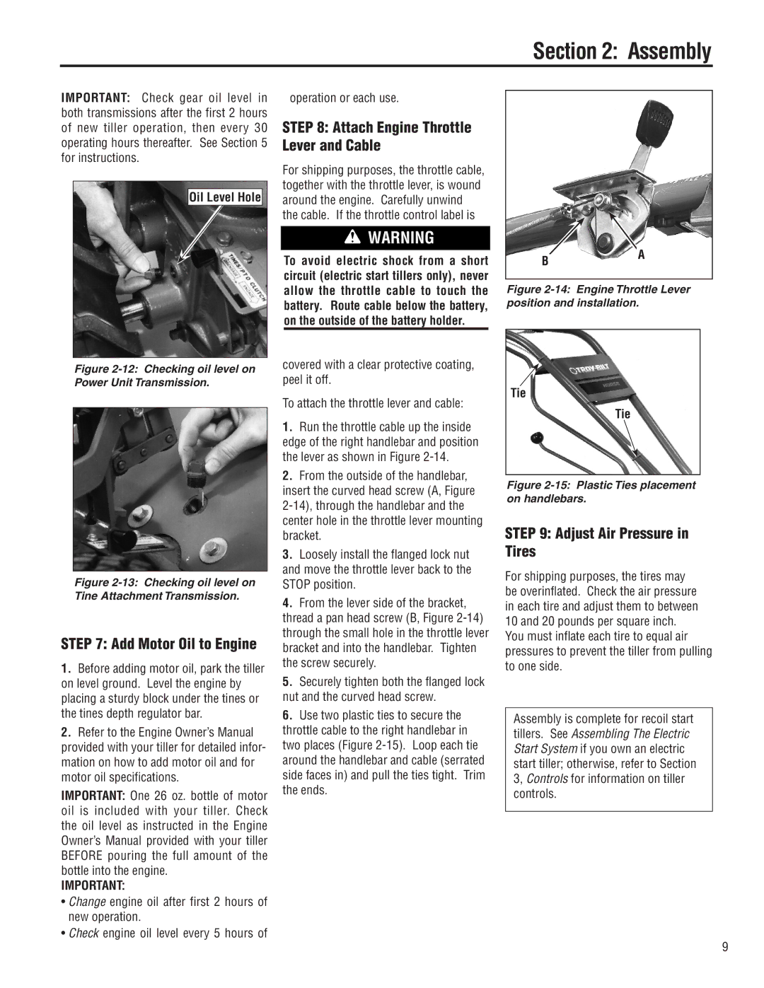 Troy-Bilt E683F Attach Engine Throttle Lever and Cable, Adjust Air Pressure in Tires, Add Motor Oil to Engine, Tie 