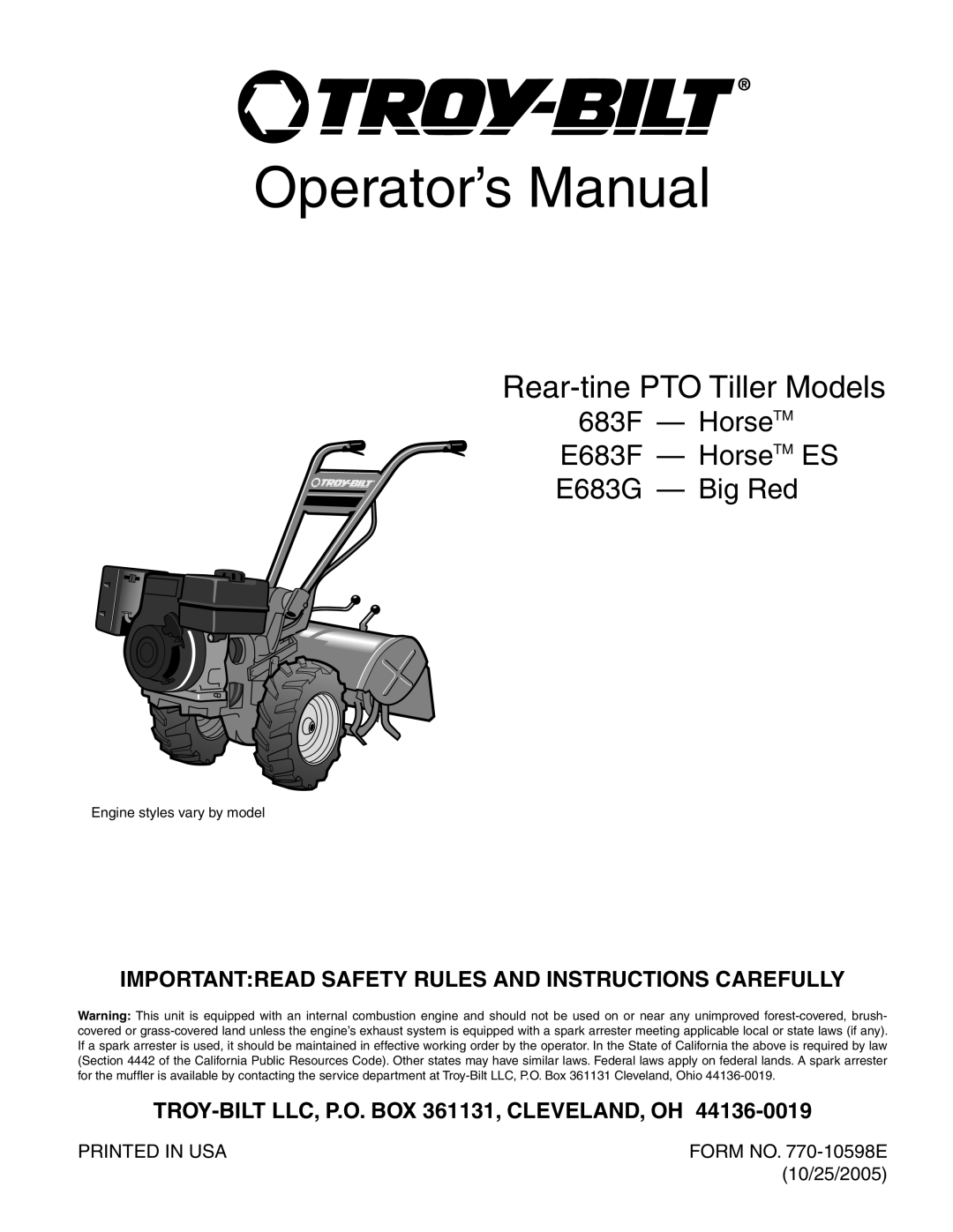 Troy-Bilt E683F, E683G manual Importantread Safety Rules And Instructions Carefully, Operator’s Manual, Printed In Usa 