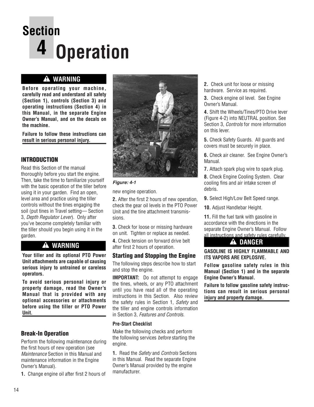 Troy-Bilt E683G, 683F Introduction, Break-In Operation, Starting and Stopping the Engine, Pre-Start Checklist, Section 