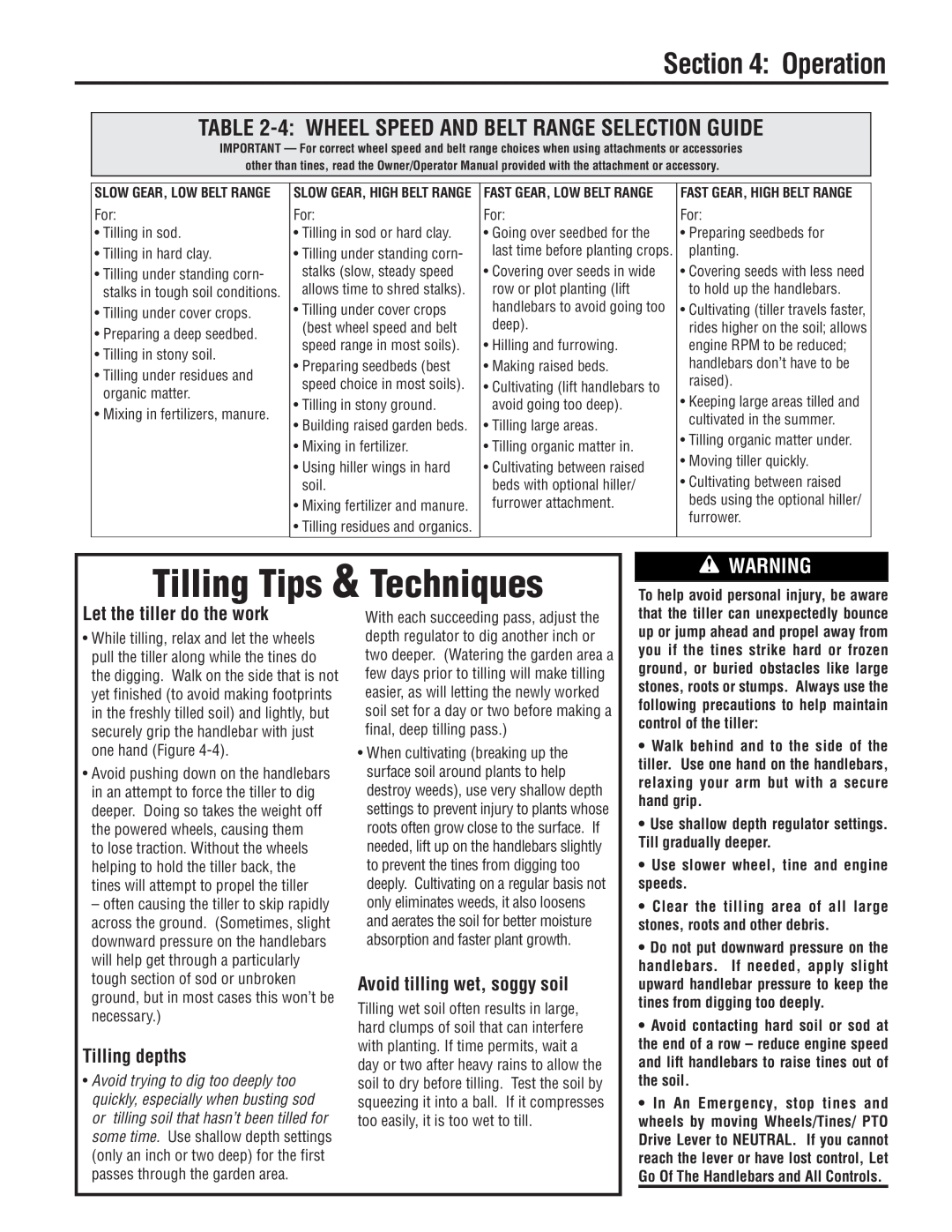 Troy-Bilt E683F Tilling Tips & Techniques, 4 WHEEL SPEED AND BELT RANGE SELECTION GUIDE, Let the tiller do the work 