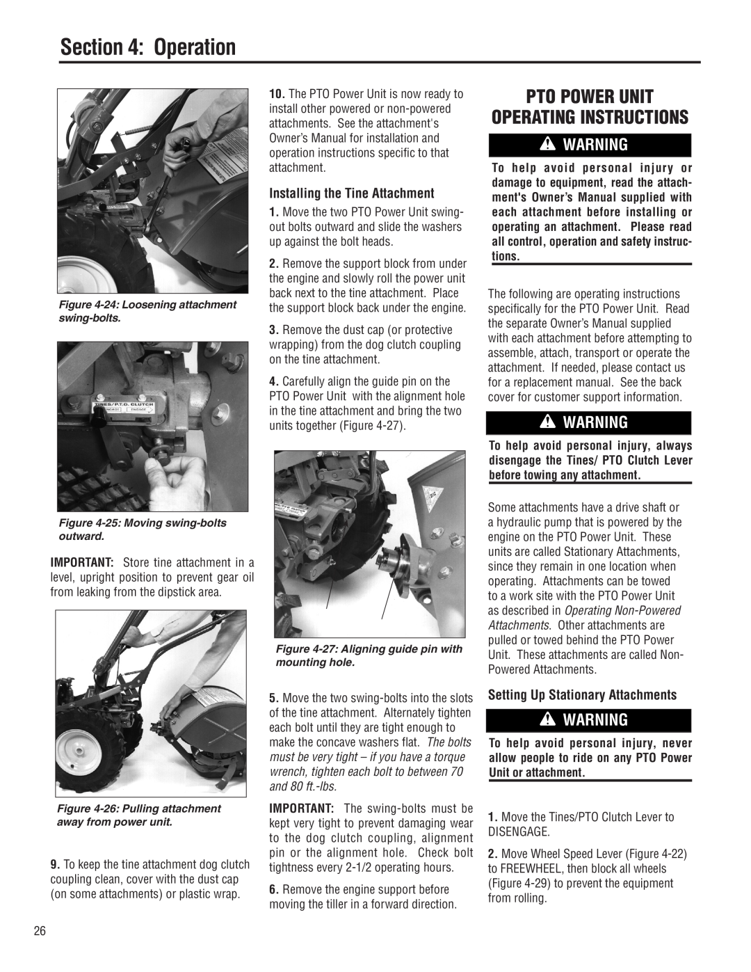 Troy-Bilt E683G Pto Power Unit Operating Instructions, Installing the Tine Attachment, Setting Up Stationary Attachments 