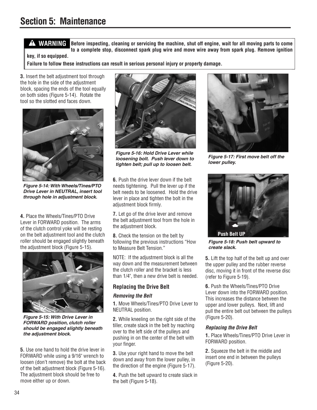 Troy-Bilt E683F, E683G manual Replacing the Drive Belt, Removing the Belt, Maintenance, Push Belt UP 