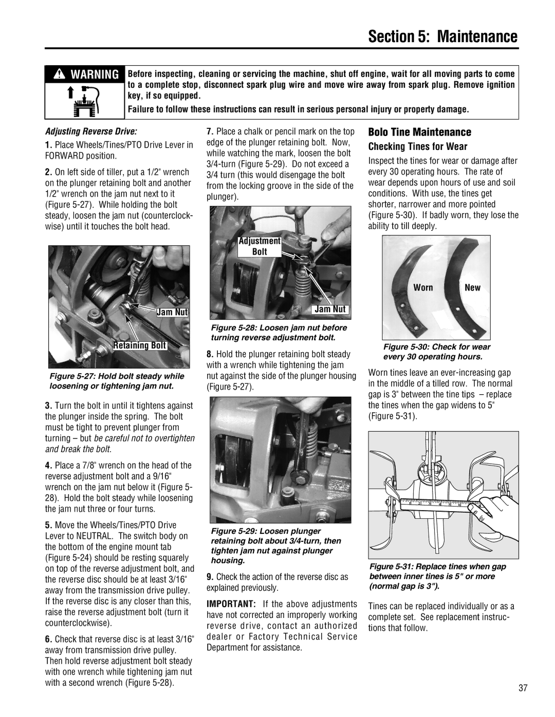 Troy-Bilt E686N-Horse, 68J-Horse, E682L-Horse manual Bolo Tine Maintenance, Checking Tines for Wear, Adjusting Reverse Drive 