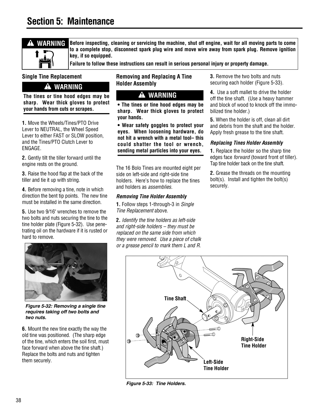 Troy-Bilt E682L-Horse, 68J-Horse, E686N-Horse manual Single Tine Replacement, Removing and Replacing a Tine Holder Assembly 