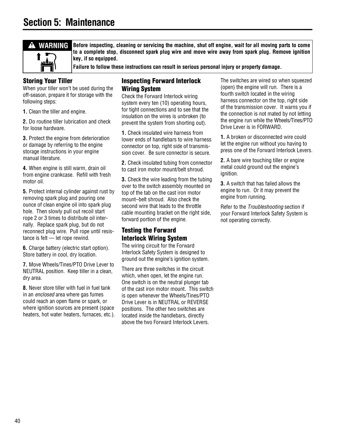 Troy-Bilt E686N-Horse, 68J-Horse, E682L-Horse manual Storing Your Tiller, Inspecting Forward Interlock Wiring System 