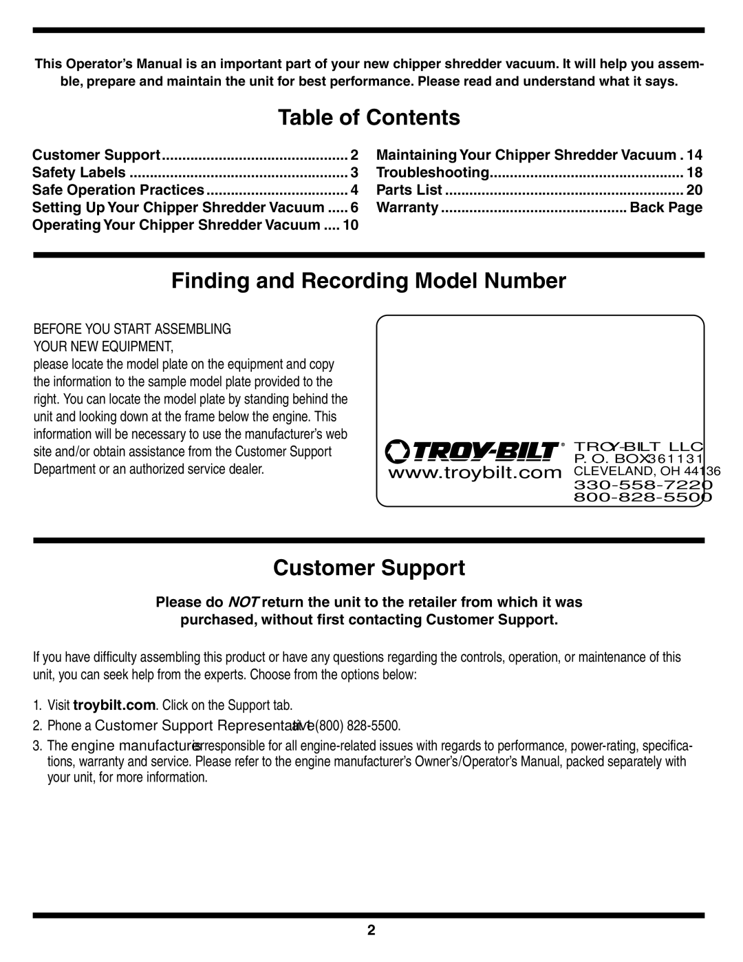 Troy-Bilt 70 warranty Table of Contents, Finding and Recording Model Number, Customer Support 