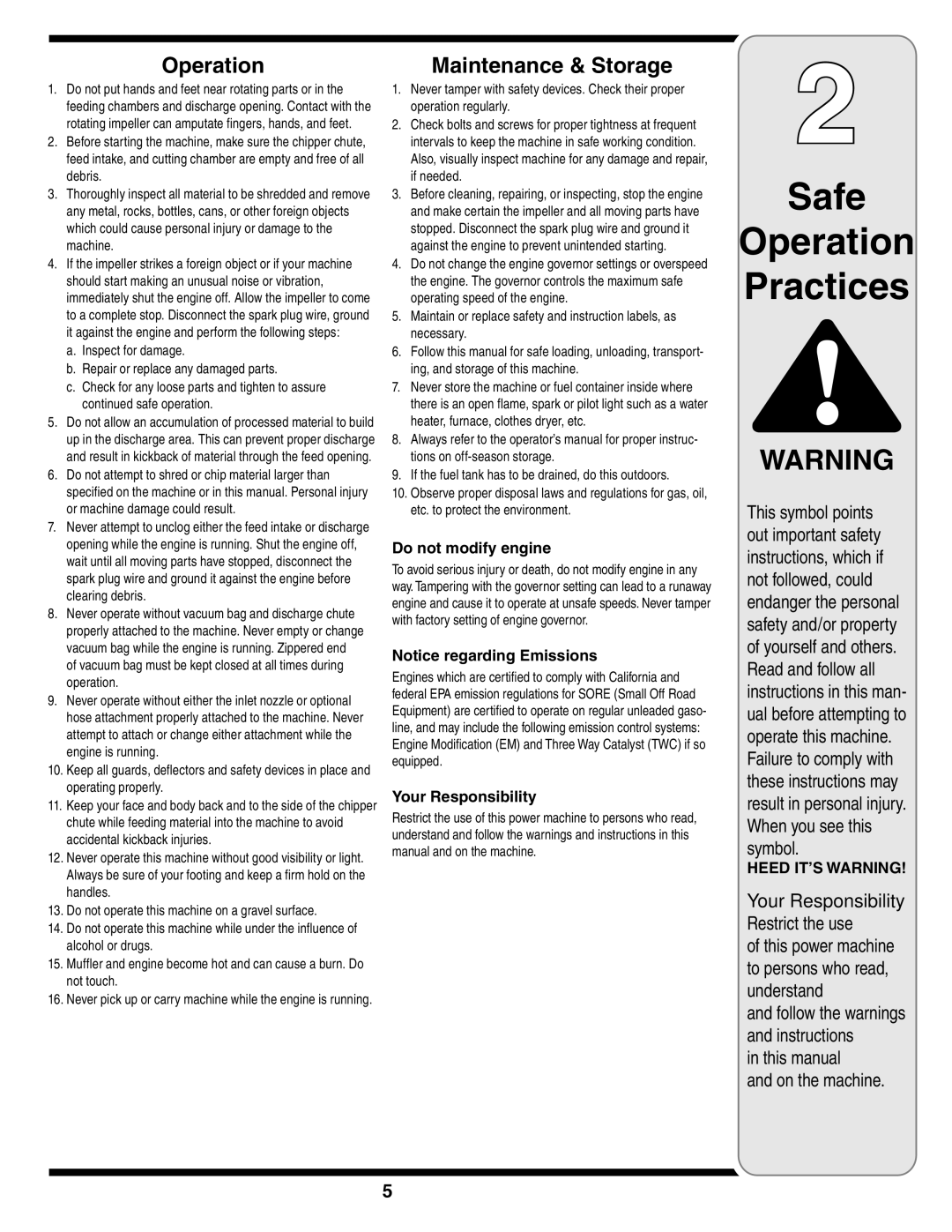 Troy-Bilt 70 warranty Safe Operation Practices 