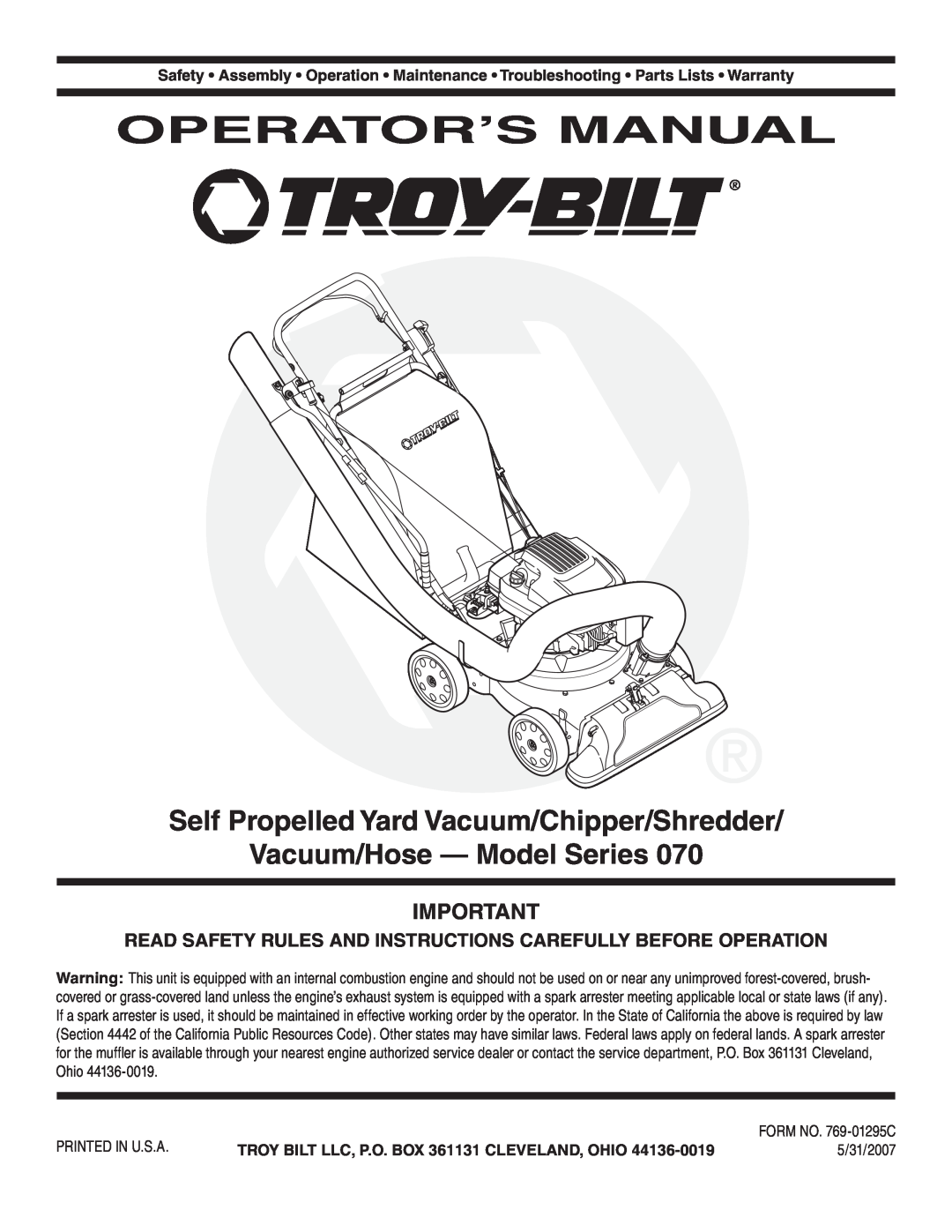 Troy-Bilt 70 warranty Operator’S Manual, Self Propelled Yard Vacuum/Chipper/Shredder, Vacuum/Hose - Model Series 