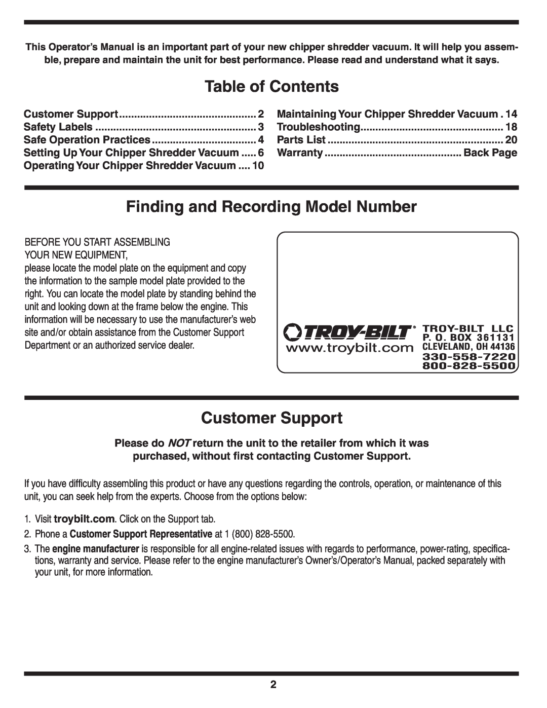 Troy-Bilt 70 warranty Table of Contents, Finding and Recording Model Number, Customer Support, Safety Labels, Back Page 