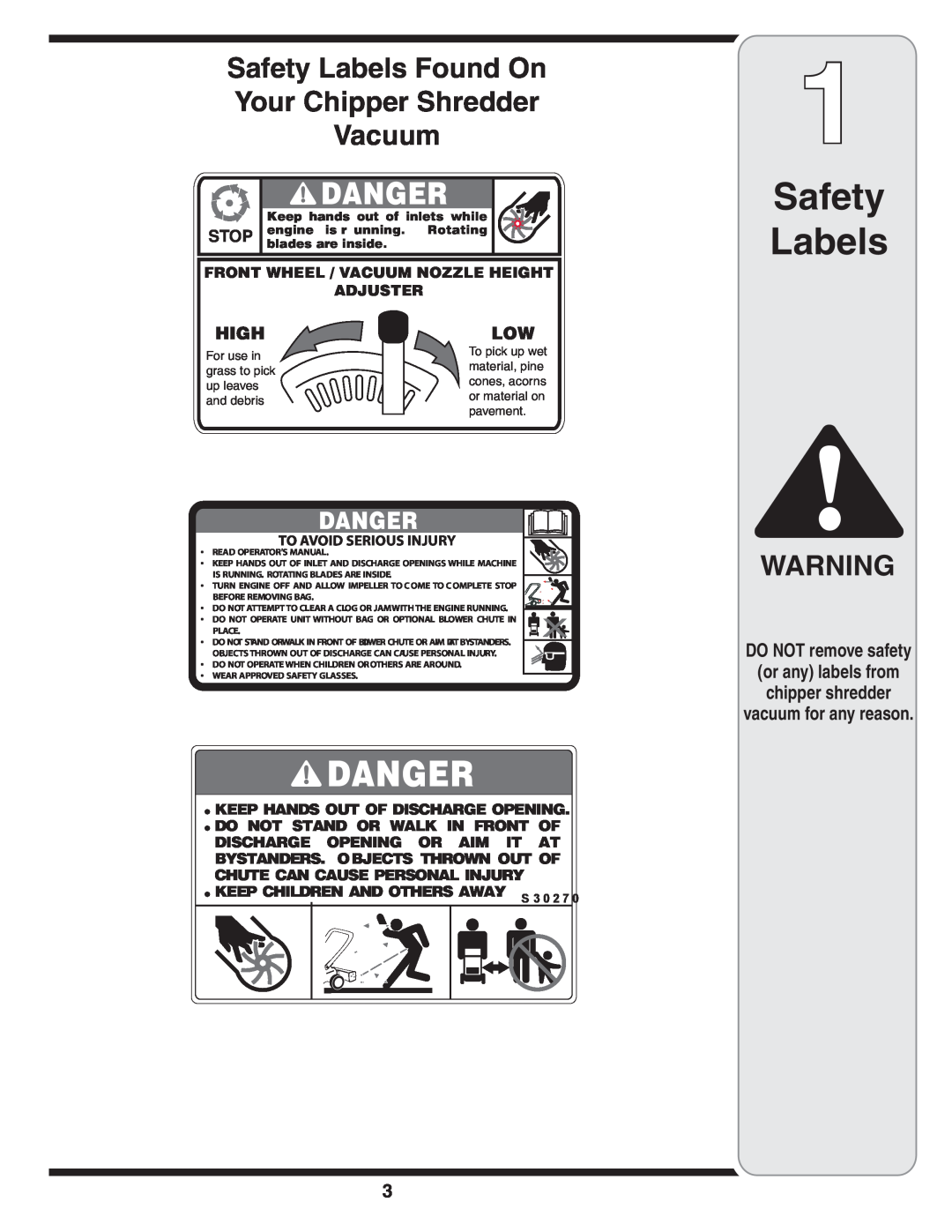 Troy-Bilt 70 warranty Safety Labels Found On Your Chipper Shredder Vacuum, vacuum for any reason, Danger, Highlow, Stop 
