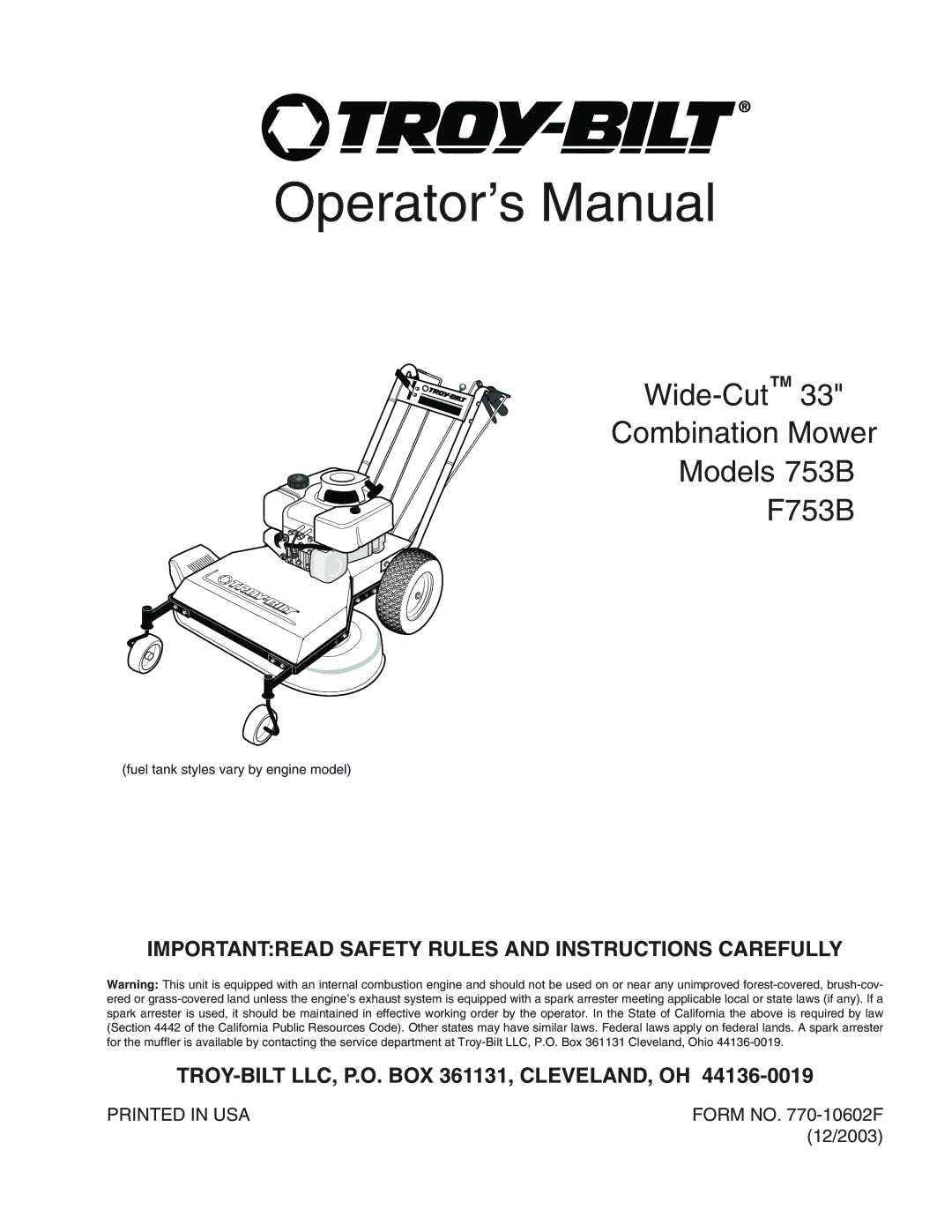 Troy-Bilt F753B manual Operator’s Manual, Importantread Safety Rules and Instructions Carefully 