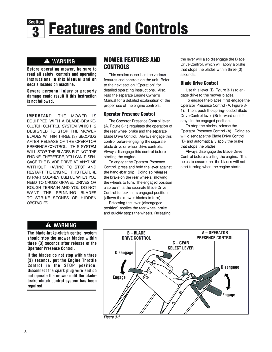 Troy-Bilt F753B manual Mower Features and Controls, Operator Presence Control, Blade Drive Control 