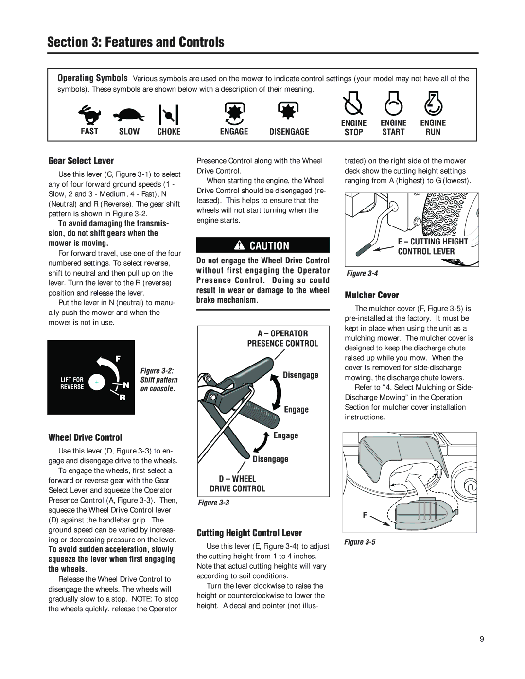 Troy-Bilt F753B Features and Controls, Gear Select Lever, Wheel Drive Control, Cutting Height Control Lever, Mulcher Cover 