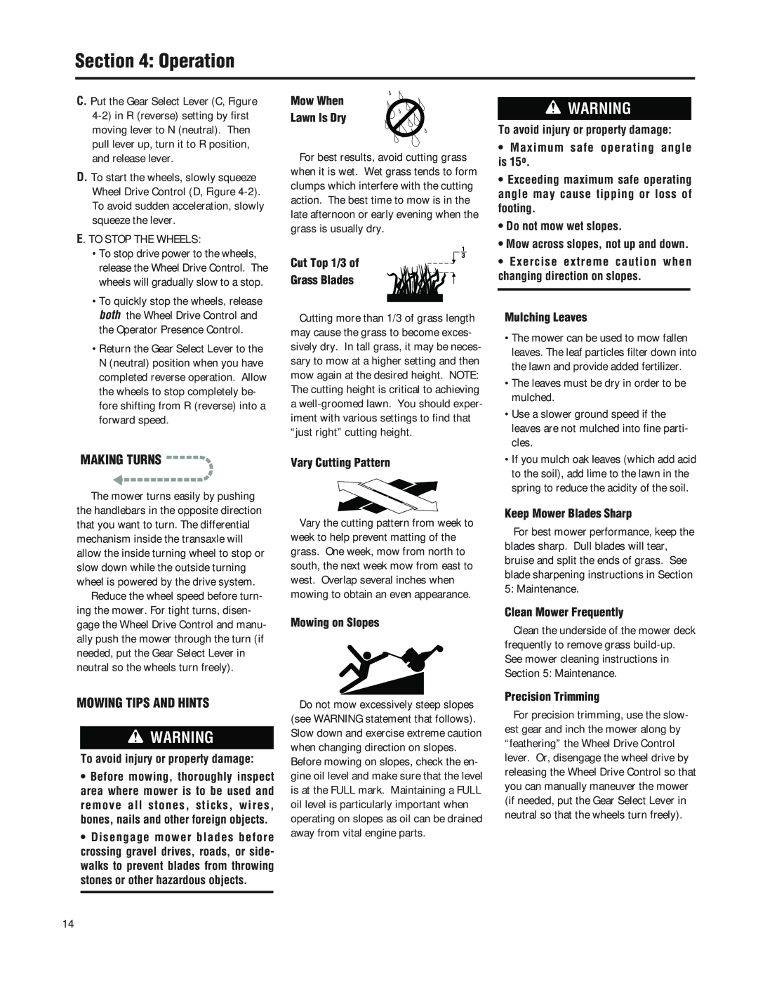 Troy-Bilt F753B manual Making Turns, Mowing Tips and Hints 